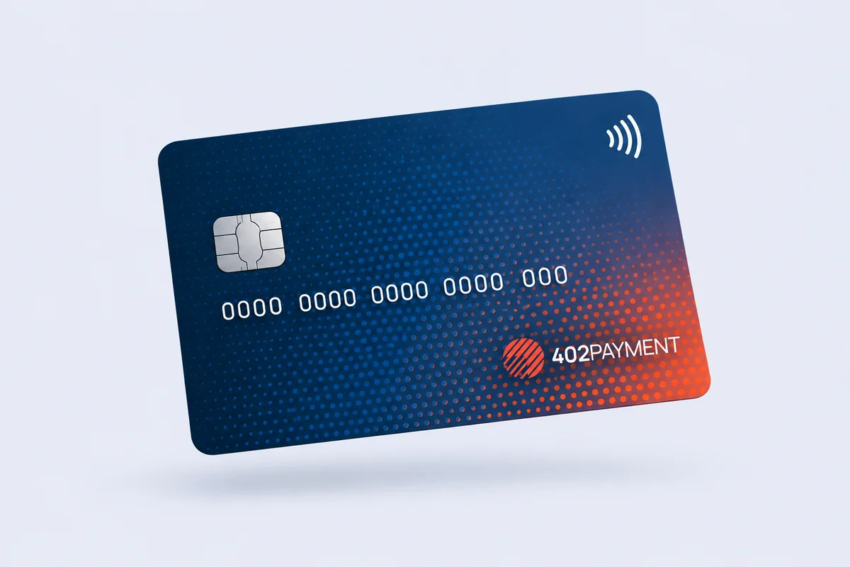 Musterkarte im 402PAYMENT-Design: dunkelblaue Karte im Scheckkartenformat mit Chip, Kontaktlos-Symbol und rot-blauem Rasterverlauf.