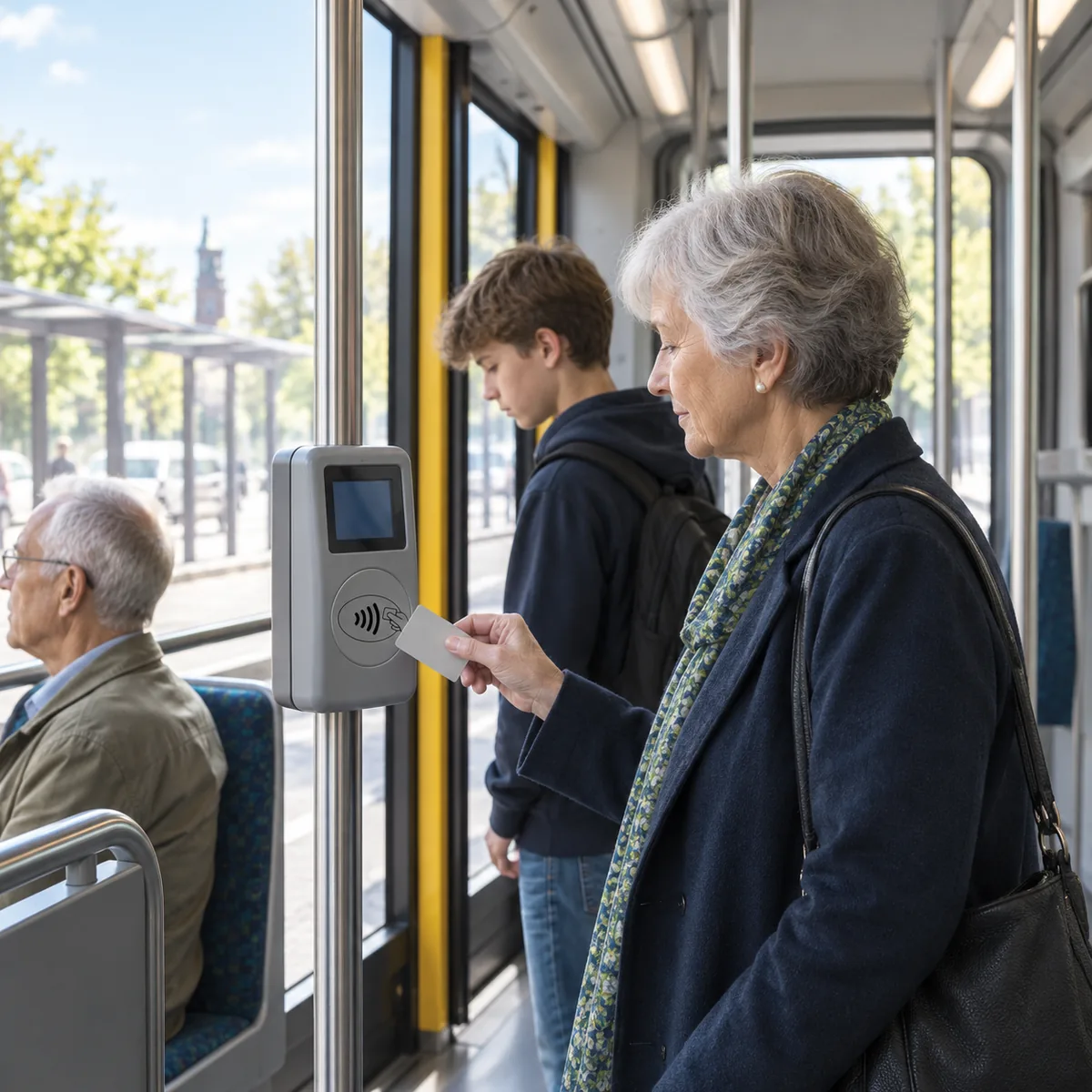 Ältere Frau hält eine Guthabenkarte an ein Validierungsgerät in einer Straßenbahn, dahinter ein Jugendlicher und ein sitzender älterer Mann.