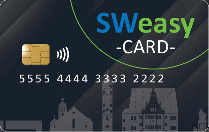 SWeasy-CARD der Stadtwerke Schweinfurt: schwarze Karte mit goldenem Chip und Kontaktlos-Symbol, Kartennummer und der Schweinfurter Stadtsilhouette am unteren Rand.